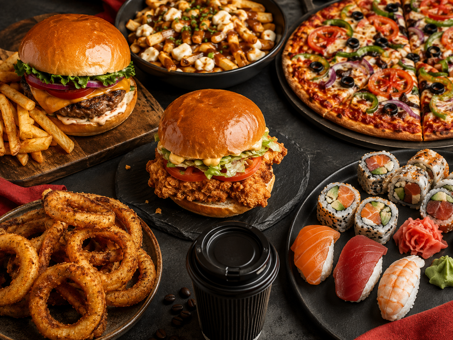 Burgers, poutine, pizza, sushi and other popular restaurant foods